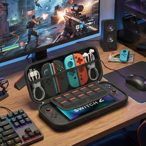 Etui do Nintendo Switch 2 2025 Wzmocnione do konsoli, czarne - ochronne z podstawką, dostęp do portów i przycisków