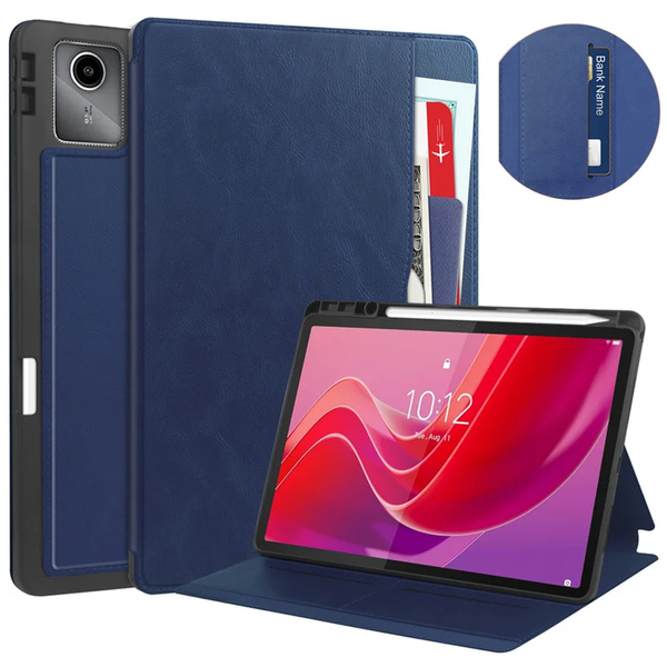 Etui skórzane z kieszeniami do Lenovo Tab M11 10.95, granatowe - ochronne z podstawką