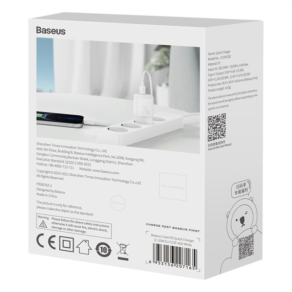 Ładowarka sieciowa szybka zasilacz Baseus Cube 20W USB-C - biała