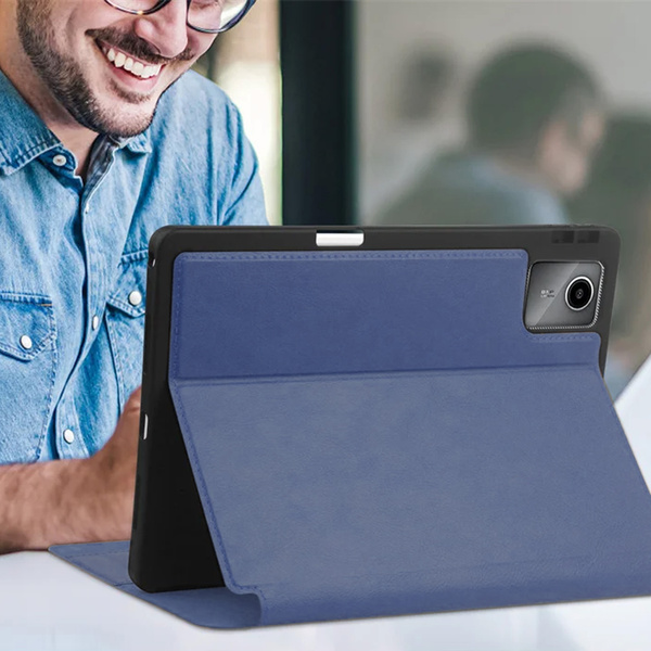 Etui skórzane z kieszeniami do Lenovo Tab M11 10.95, granatowe - ochronne z podstawką