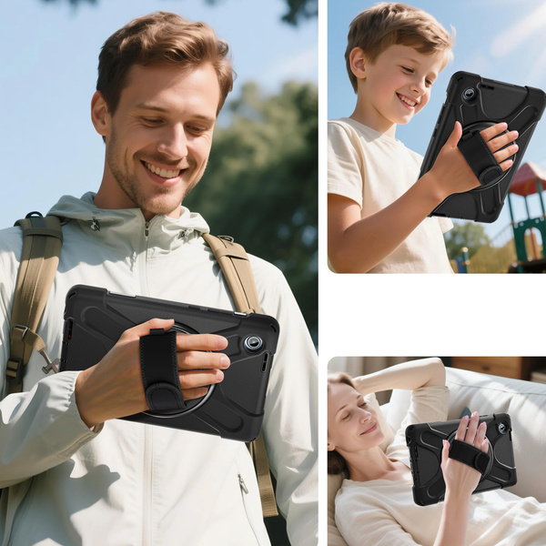 Etui pancerne z uchwytem do Lenovo Tab One 8.7 2025 TB305FU TB305XU z podstawką i paskiem, czarne