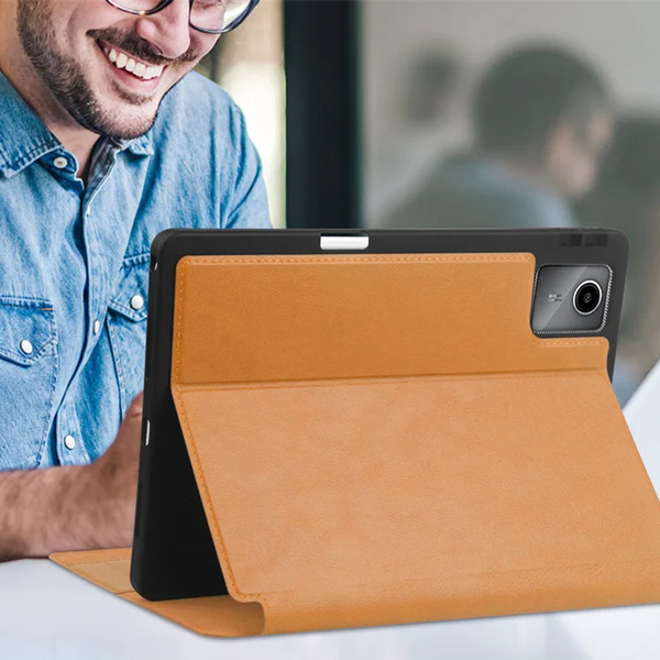 Etui skórzane z kieszeniami do Lenovo Tab M11 10.95, brązowe - ochronne z podstawką, dostęp do portów i przycisków