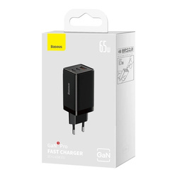 Szybka ładowarka sieciowa GaN 2xUSB C 1xUSB 65W Baseus GaN5 Pro + kabel USB C USB C 100W, czarny
