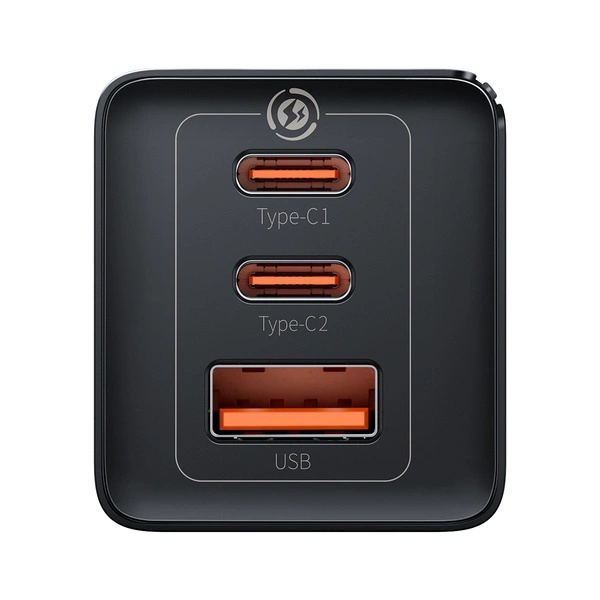 Szybka ładowarka sieciowa GaN 2xUSB C 1xUSB 65W Baseus GaN5 Pro + kabel USB C USB C 100W, czarny